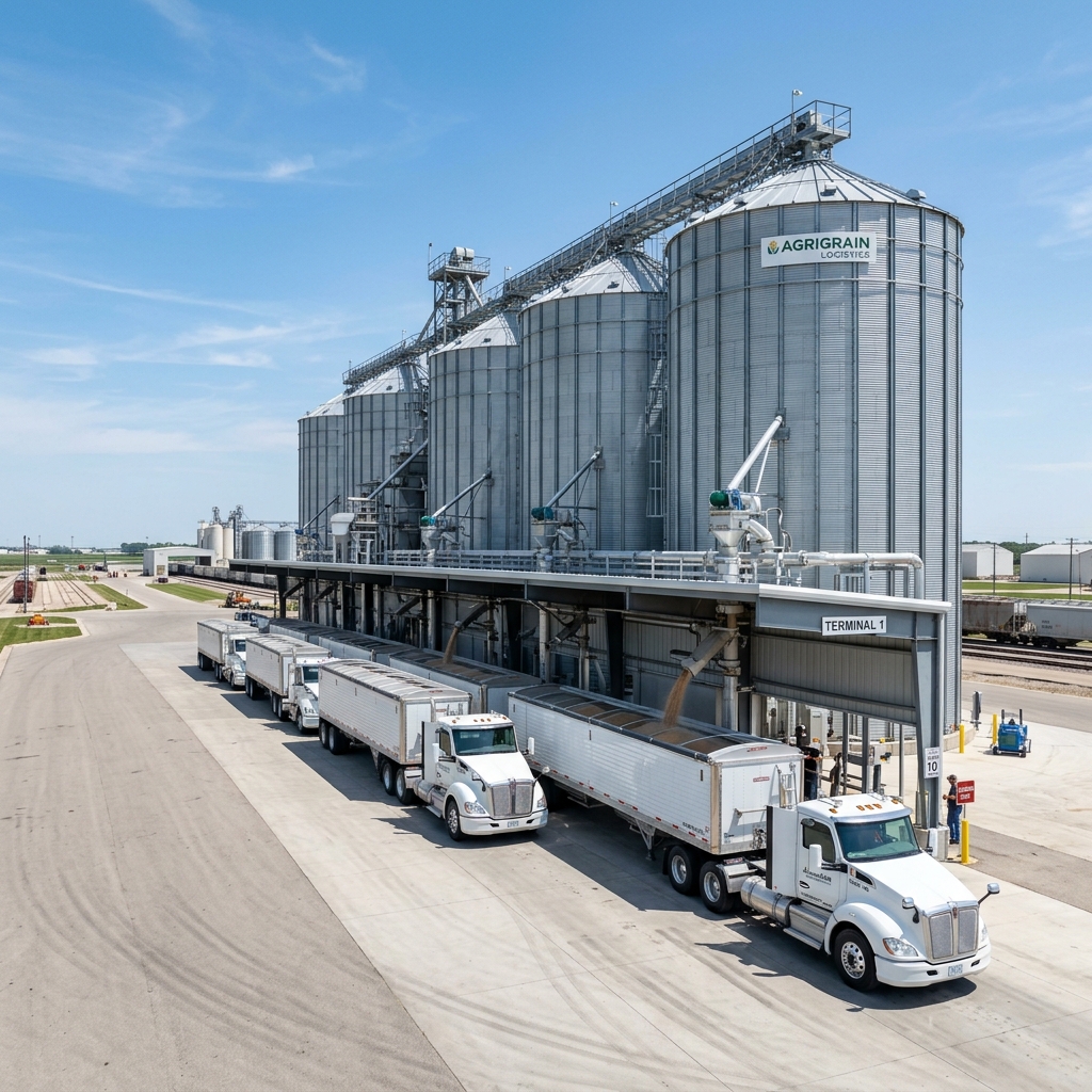 Silos de armazenamento e frota de transporte de grãos Agromarques