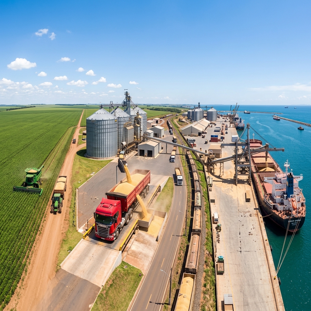 Campo de soja e porto de exportação de grãos Agromarques